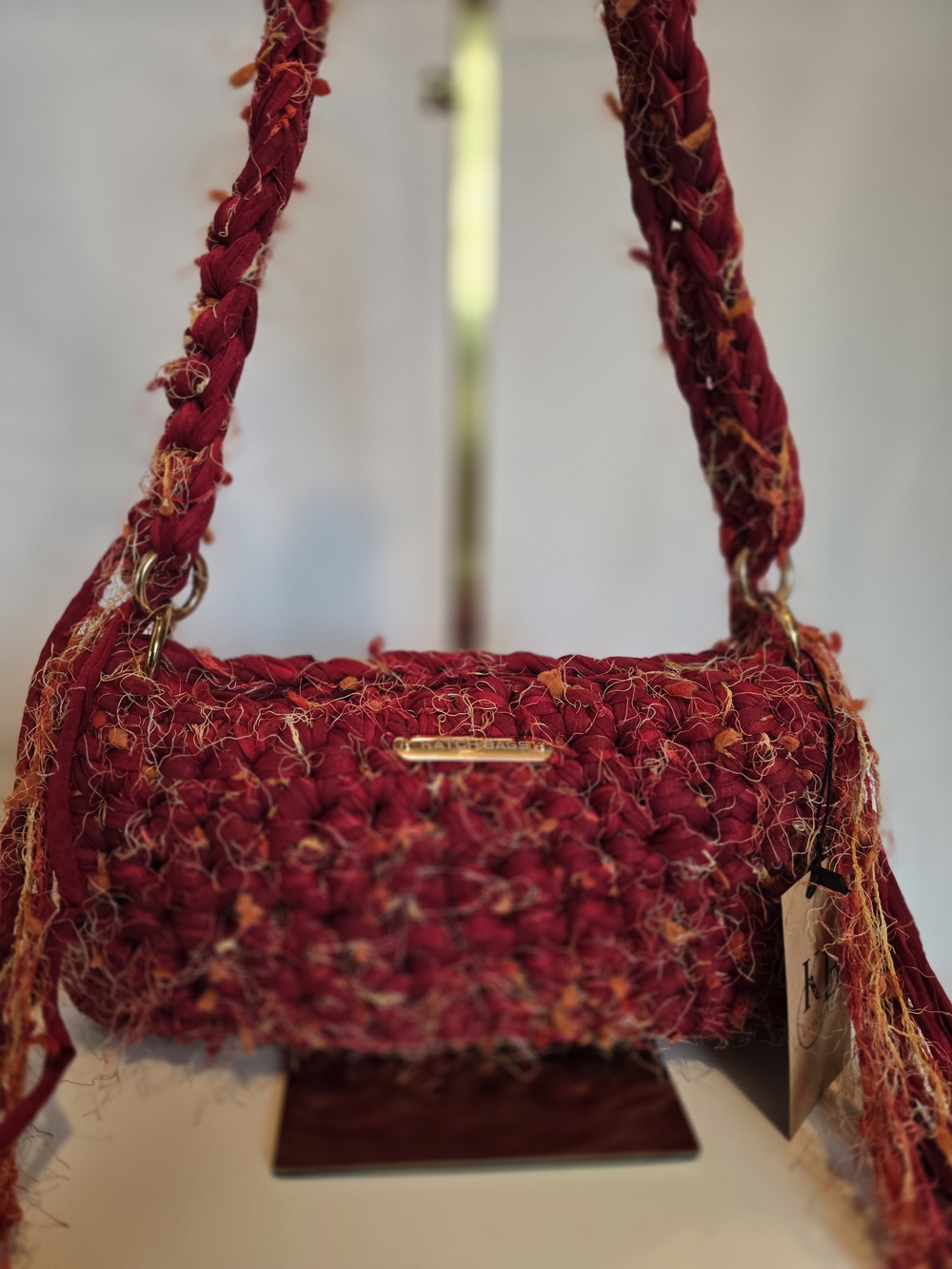 Hand Crafted Red Crochet Shoulder Bag with Multitone Accents